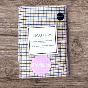 NEW Vintage NAUTICA Yard Died Tattersal Plaid Yellow Navy Blue Set 2 Pillowcases
